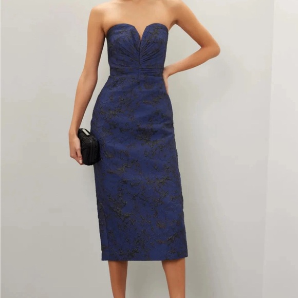 ML Monique Lhuillier Cora Midi Strapless Blue Dress
